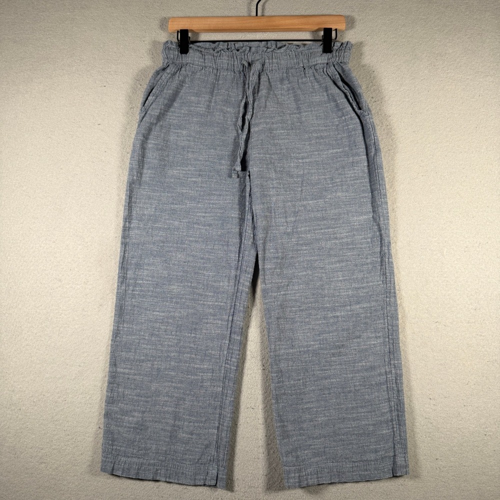 Pact Organic Cotton Wide Leg Cropped Pants Blue Drawstring Waist Womens Medium